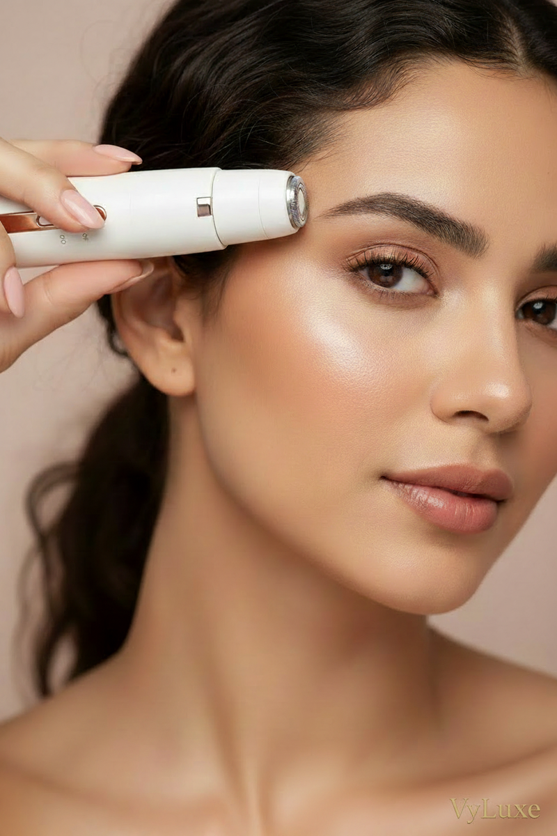 Mulher usando Depilador Vyluxe no rosto com logo discreta